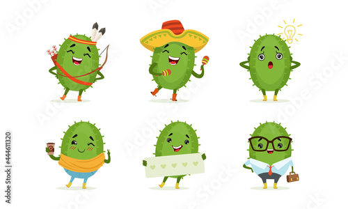 Cute Humanized Cactus Character in Business Suit with Briefcase and Playing Indian Vector Set