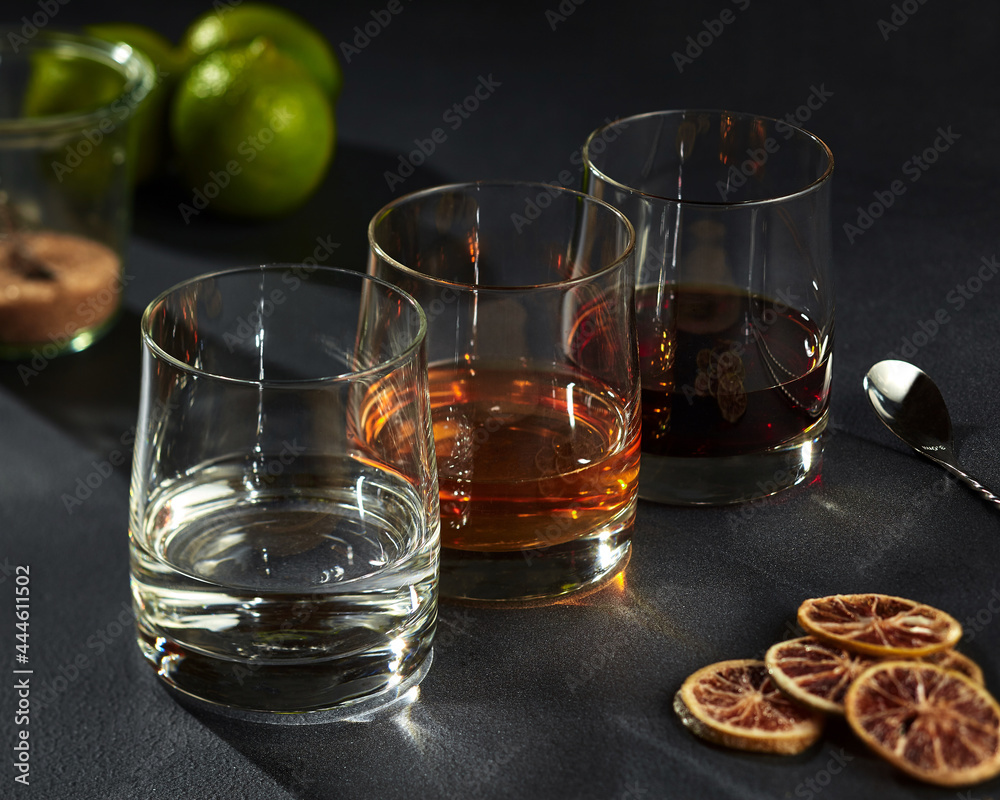 Set of strong alcoholic drinks in rocks glasses Set of strong alcoholic drinks in rocks glasses