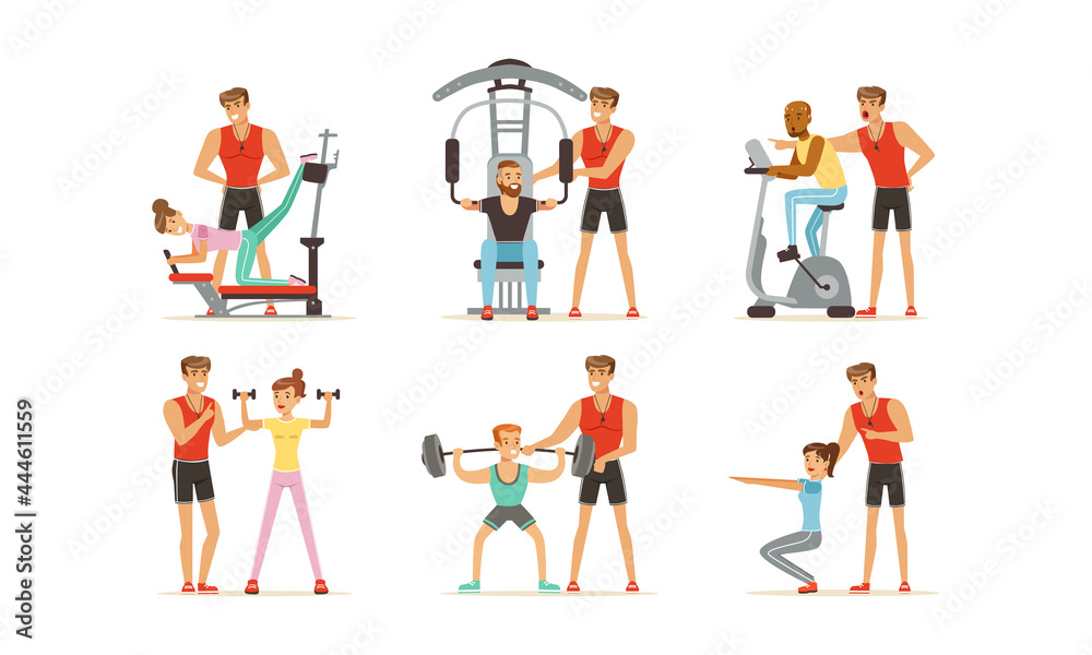 Naklejka premium Personal Gym Coach or Instructor Training People Characters Vector Set