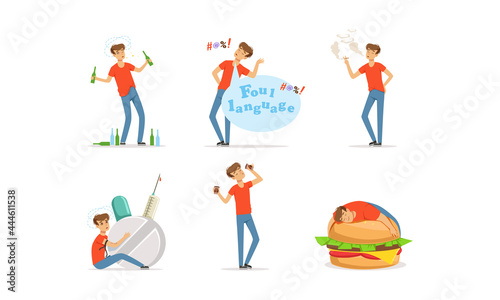 Bad Habit with Man Addicted to Alcohol, Smoking and Gluttony Vector Set