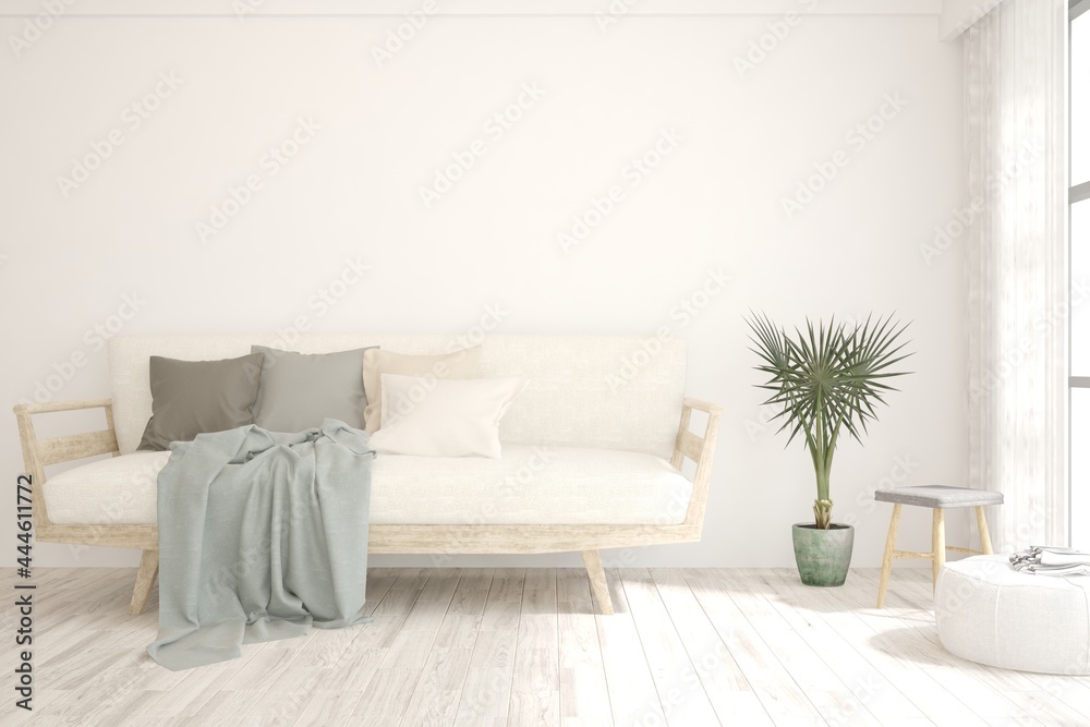 Naklejka premium Soft color living room with sofa. Scandinavian interior design. 3D illustration
