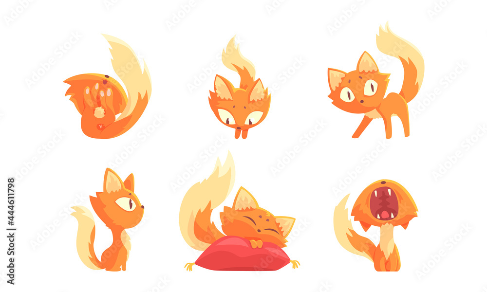 Fototapeta premium Cute Ginger Kitten Sleeping on Pillow and Yawning Vector Set