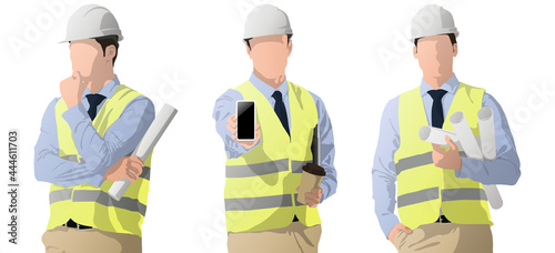 Construction workers set. Thoughtful architect holding blueprints. Engineer holding smartphone with blank screen and coffee. Vector flat-style illustration