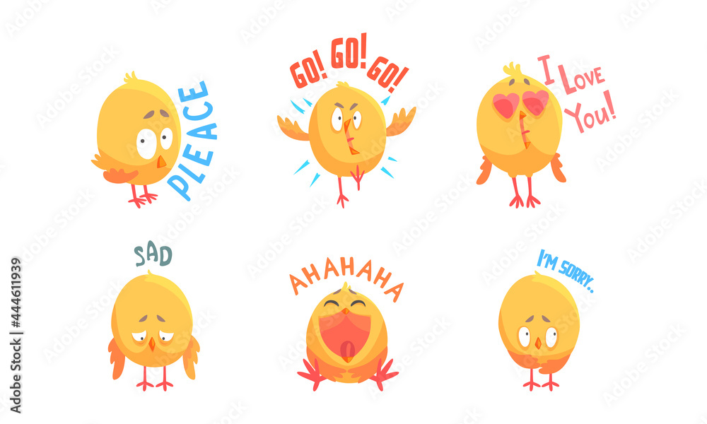 Cute Comic Yellow Chick Character Showing Different Emotion Vector Set