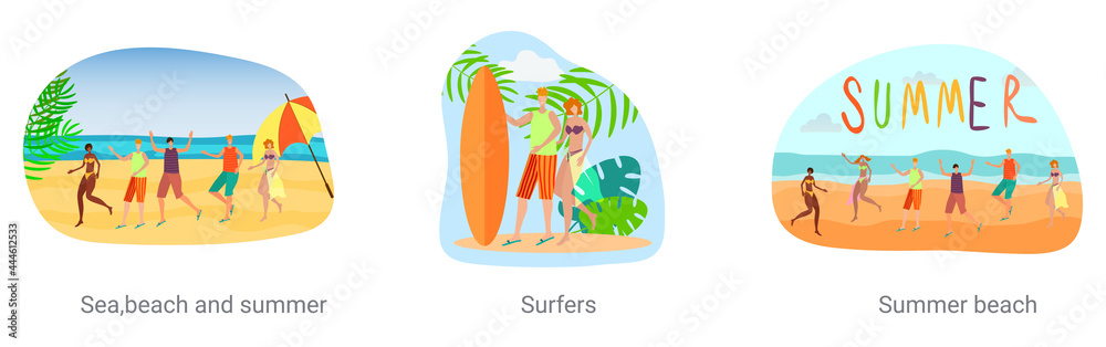 A set of vector illustrations on the theme of recreation.Summer beach and people.Abstract vector illustrations.
