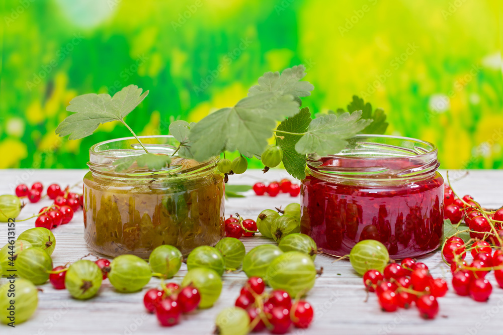 Gooseberry jam and fresh berries Gooseberry jam and fresh berries