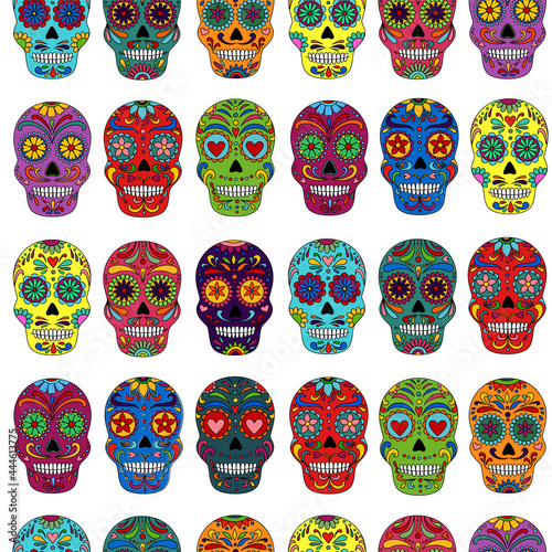Day of the Dead  skulls pattern. Dia de los muertos print. Day of the dead and  mexican Halloween texture. Mexican tradition  festival. Day of the dead sugar skull isolated. Dia de los Muertos tattoo 
