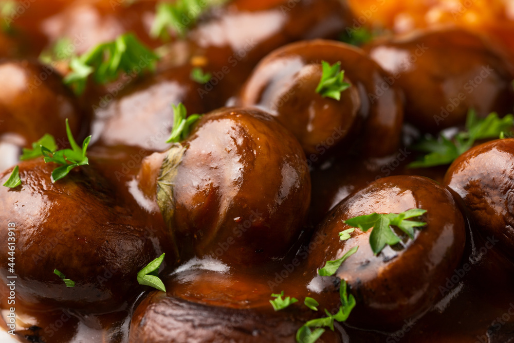 Mushrooms in Balsamic Soy rich sauce with rice. healthy vegan food. Mushrooms in Balsamic Soy rich sauce with rice. healthy vegan food.