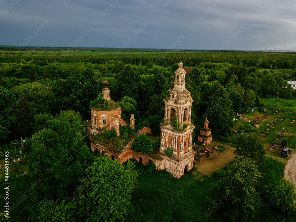 Abandoned Russian orthodox Church of the Transfiguration of the Savior, Ryazan region, aerial view