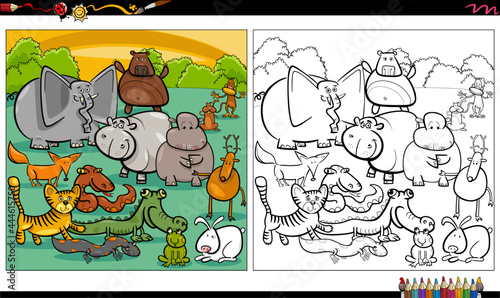 cartoon wild animals group coloring book page