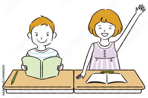 手書き線画カラーイラスト 男の子と女の子　夏期講習