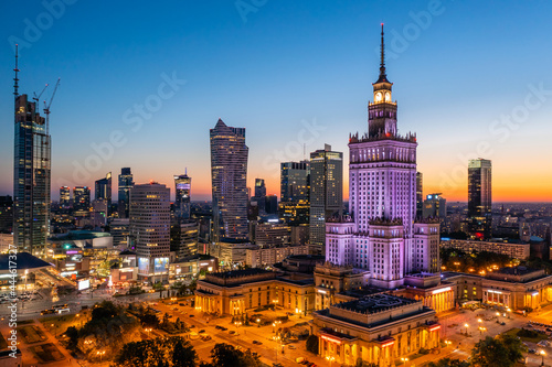 Warsaw city center at dusk, beautiful sunset over the city photo