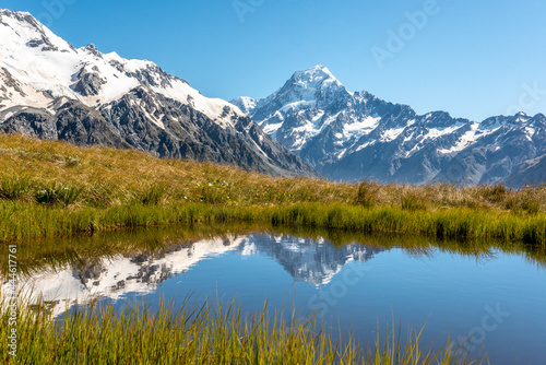 Scenic reflection of Mount Aoraki from Mueller Hut Route  Mount Cook National Park in New Zealand