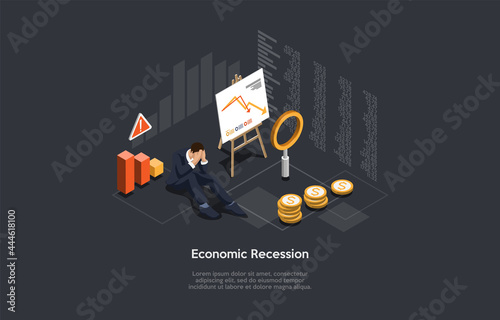 Vector Composition On Economic Recession, Financial Problems, Business Bankrupcy Concept. Isometric Illustration, Cartoon 3D Style. Sad Businessman Sitting, Paper With Charts And Graphs, Coins Near.