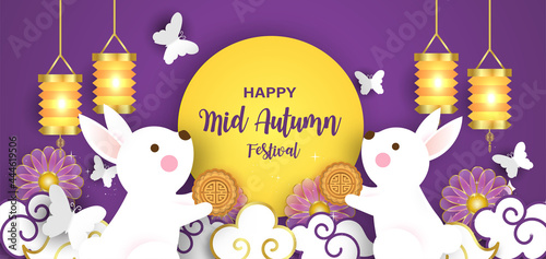 Mid Autumn Festival banner with cute rabbits in paper cut style.