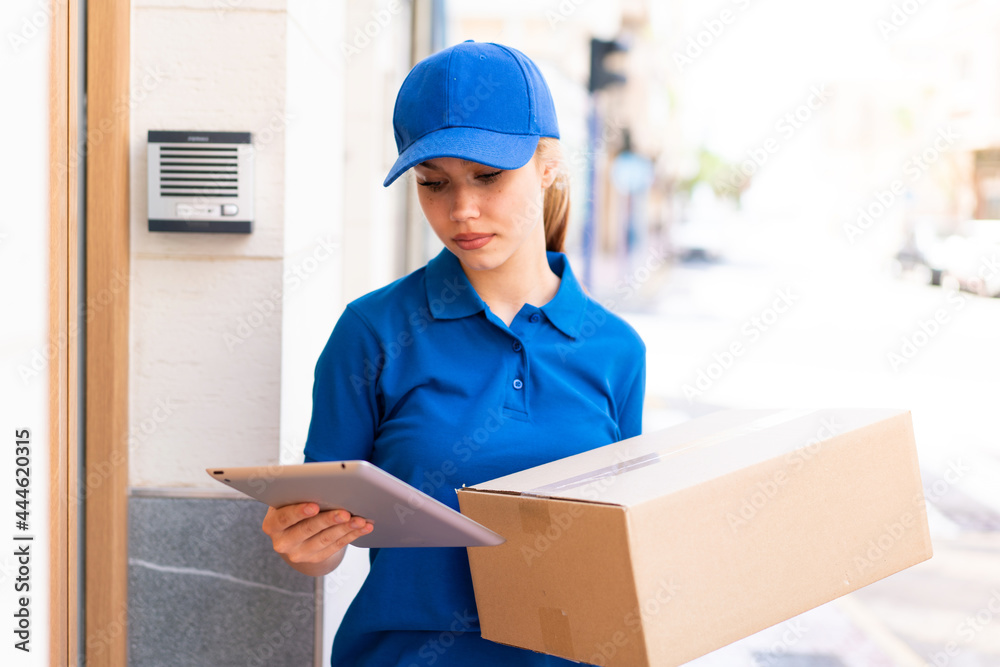 Young delivery woman at outdoors holding boxes and a tablet Young delivery woman at outdoors holding boxes and a tablet