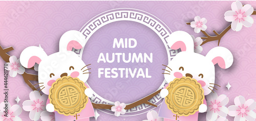 Mid Autumn Festival banner with cute rabbits in paper cut style.