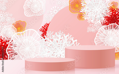 3d Background products with coral background vector 3d with cylinder. podium stand to show cosmetic product with craft style.