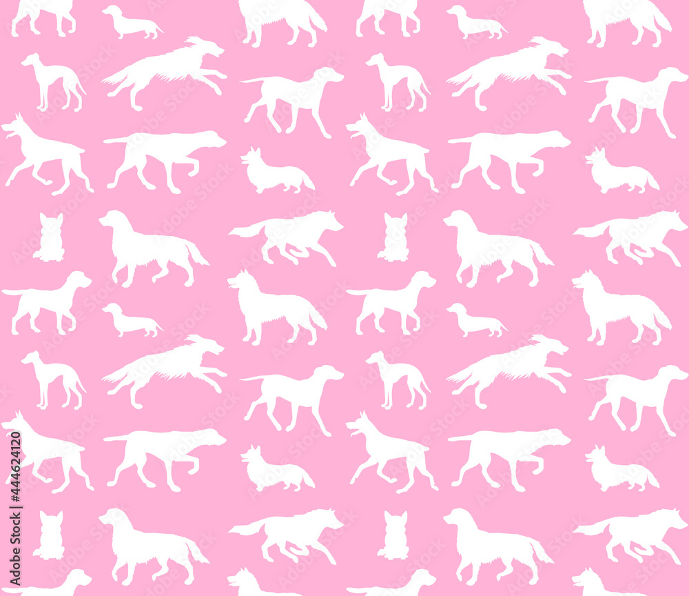 Vector seamless pattern of hand drawn dog silhouette isolated on pink background
