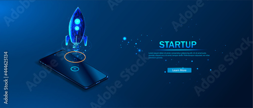 The concept of opening a business for a web page, banner, presentation, social networks. A training ground with a spaceship or a space rocket. Launch of a startup business project. Vector illustration photo