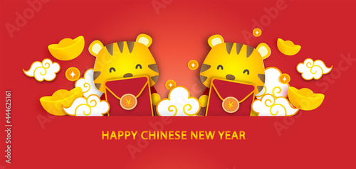 Chinese new year 2022 year of the tiger banner in paper cut style