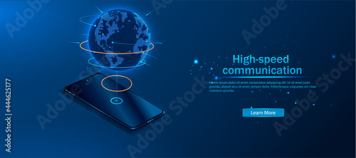 High-speed connection to the world Wide Web from anywhere in the world via the mobile Internet. The hologram of the earth consists of a polygon, and points. Vector illustration.