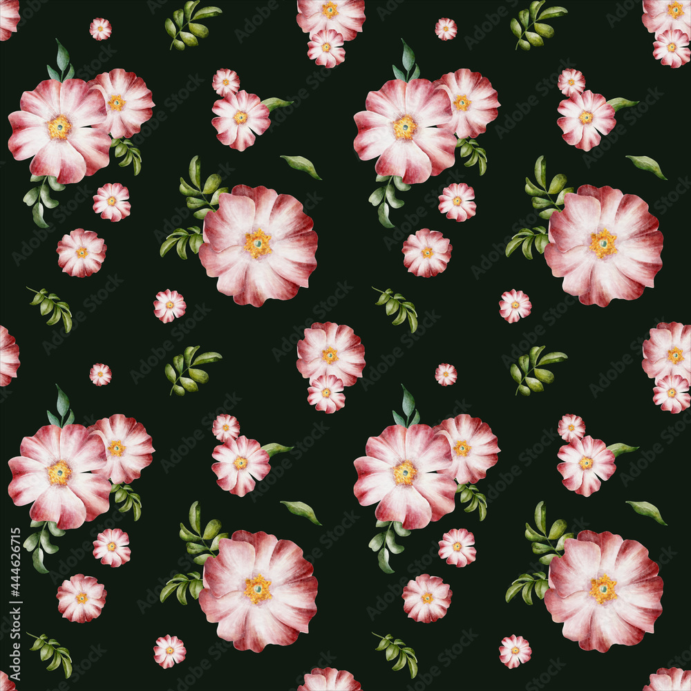 Elegant watercolor floral seamless pattern with pink rosehip flowers and green leaves on the dark background. Pretty hand-drawn nature ornament for wrapping paper, fabric, paper for scrapbooking