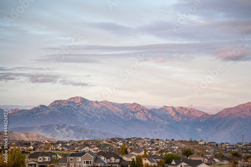 Residential area against the view of Wasatch mountains at Eagle Mountain, Utah