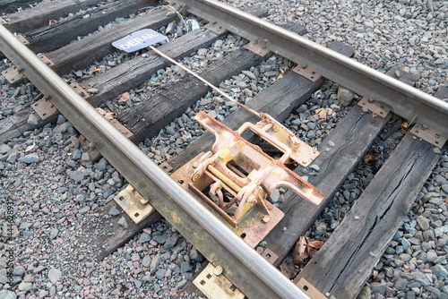 Canvas Print Selective focus of a derailing device installed on a train rail at Tacoma, Washi