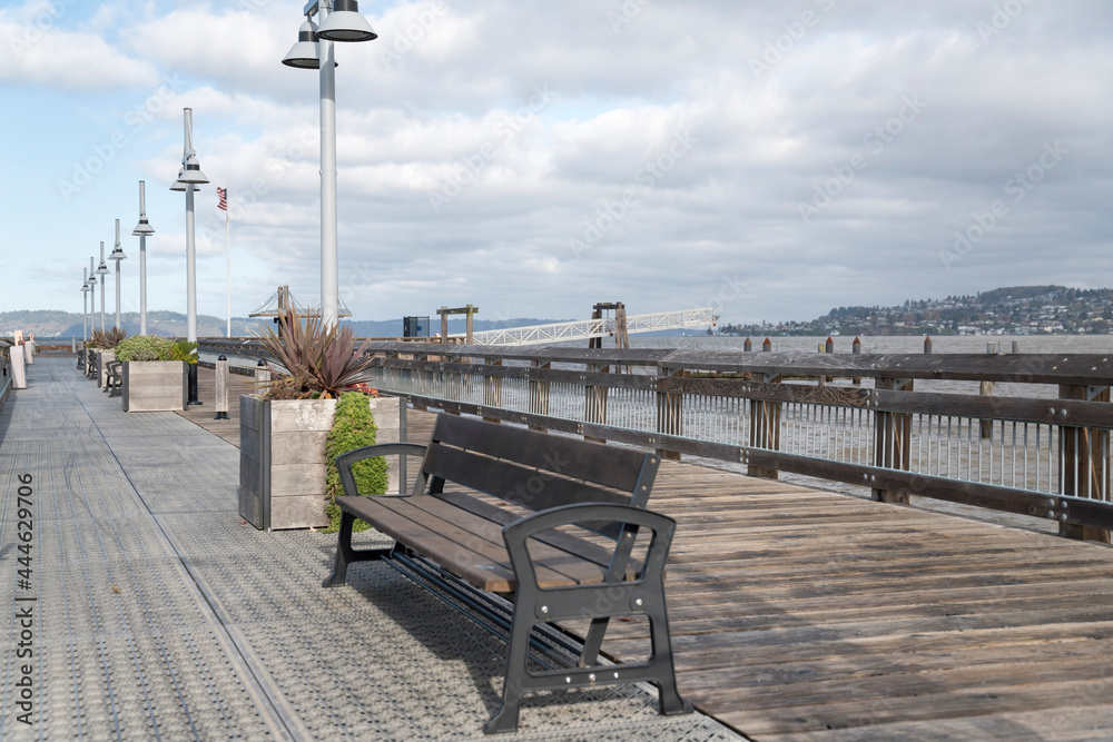 Wooden pier at Tacoma in Washington with lamp posts