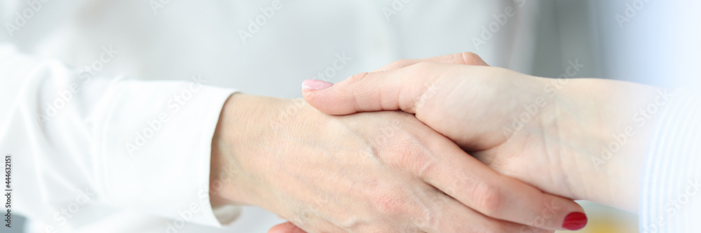 Business women colleagues shaking hands in office closeup Business women colleagues shaking hands in office closeup