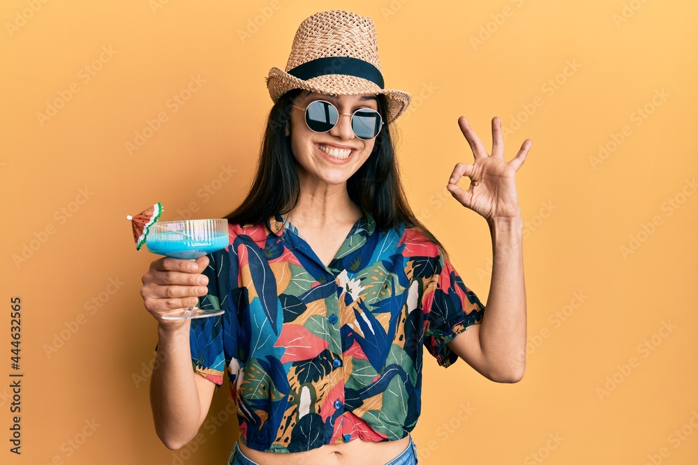 Young hispanic woman wearing summer style drinking tropical cocktail with alcohol doing ok sign with fingers, smiling friendly gesturing excellent symbol Young hispanic woman wearing summer style drinking tropical cocktail with alcohol doing ok sign with fingers, smiling friendly gesturing excellent symbol