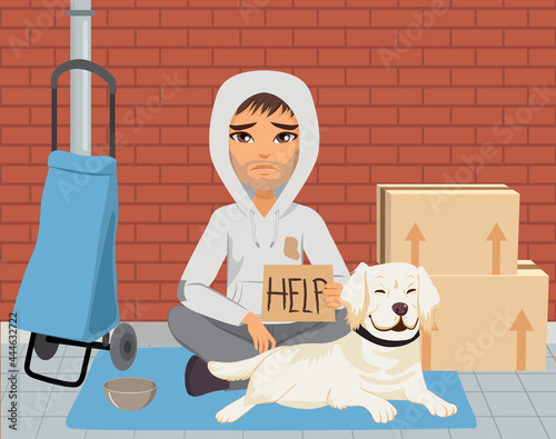 Homeless person asking for help with his dog on the street surrounded by garbage
