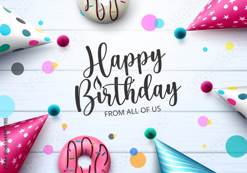 Birthday party hats and donut vector design. Happy birthday text with colorful party hat and doughnut elements for birth day celebration greeting card. Vector illustration
