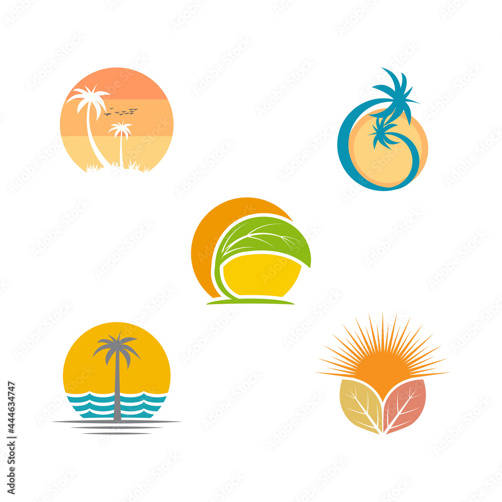 summer beach coast island, sea ocean with birds and summer sun rays logo design inspiration