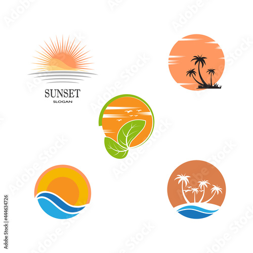 summer beach coast island  sea ocean with birds and summer sun rays logo design inspiration