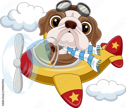 Cartoon baby bulldog operating a plane