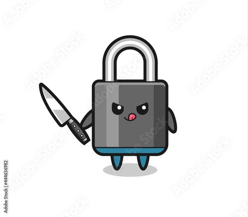 cute padlock mascot as a psychopath holding a knife
