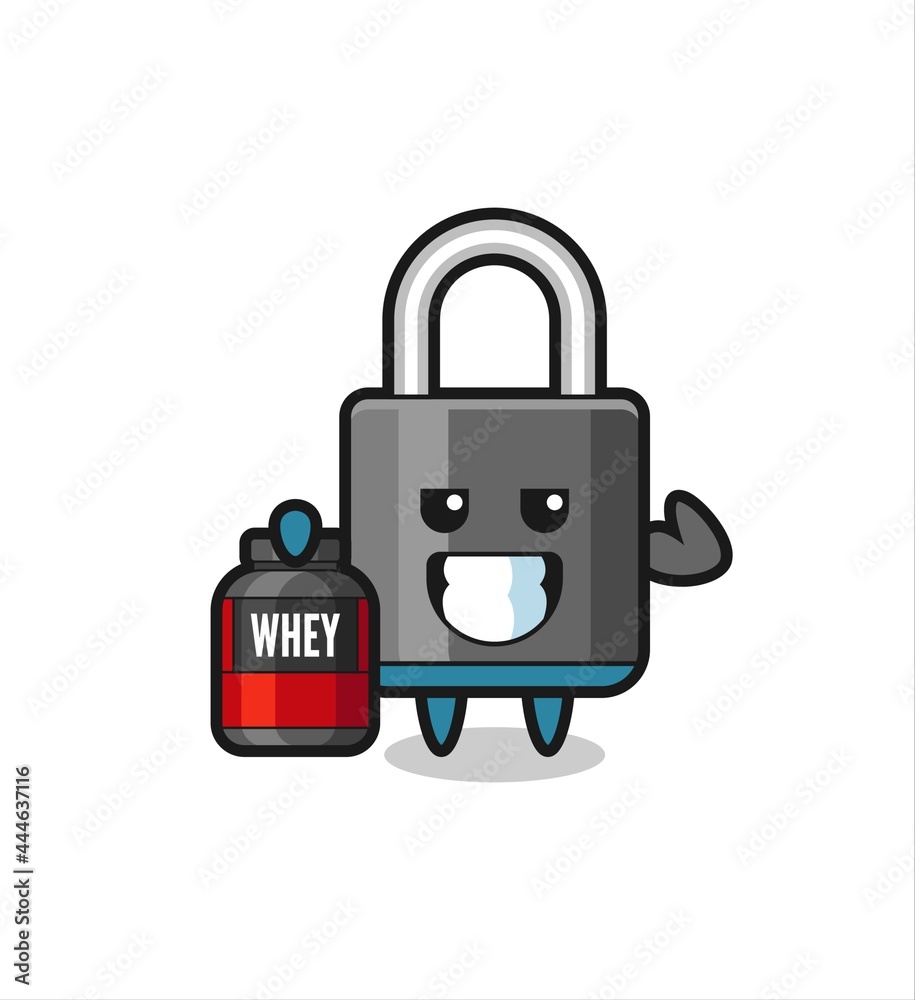 the muscular padlock character is holding a protein supplement the muscular padlock character is holding a protein supplement