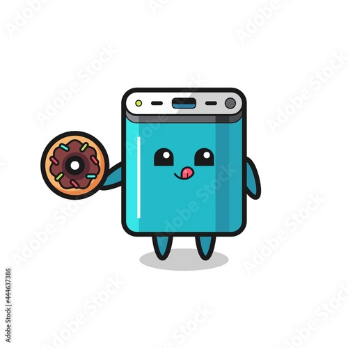 illustration of an power bank character eating a doughnut