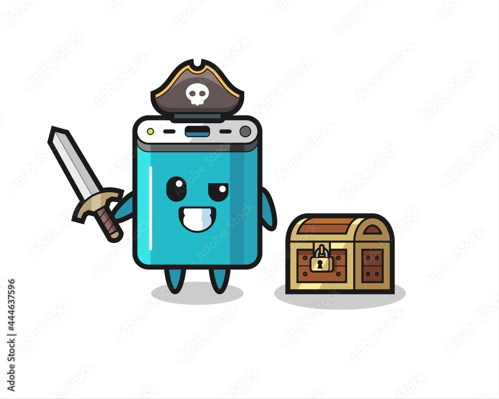 Fototapeta premium the power bank pirate character holding sword beside a treasure box