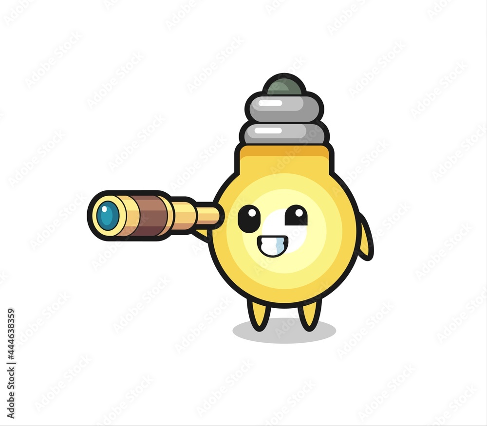 cute light bulb character is holding an old telescope
