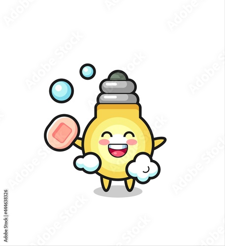 light bulb character is bathing while holding soap