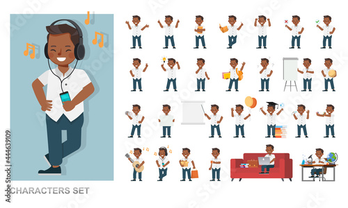 Set of children character vector design. Boy wear white shirt and blue pants. Presentation in various action with emotions, running, standing and walking.
