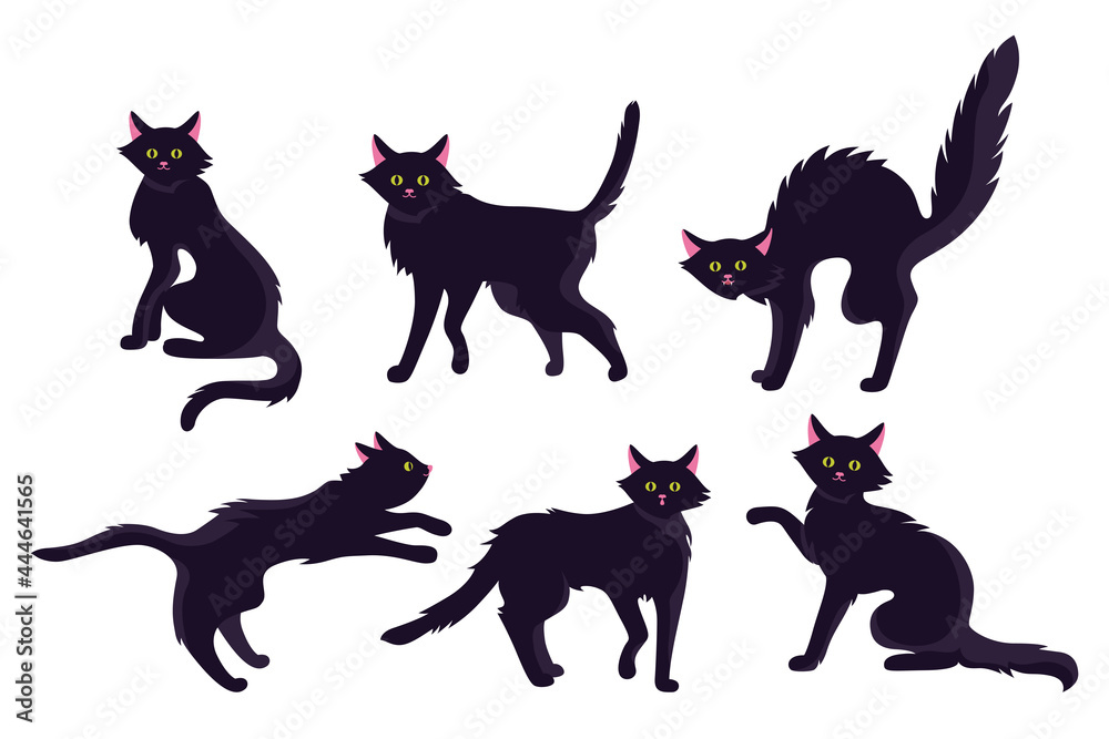Cat black horror flat cartoon set. Halloween creepy thin kitten, cute or scary wicked, old wild cats collection. Funny playing character pet kitty design. Isolated vector illustration