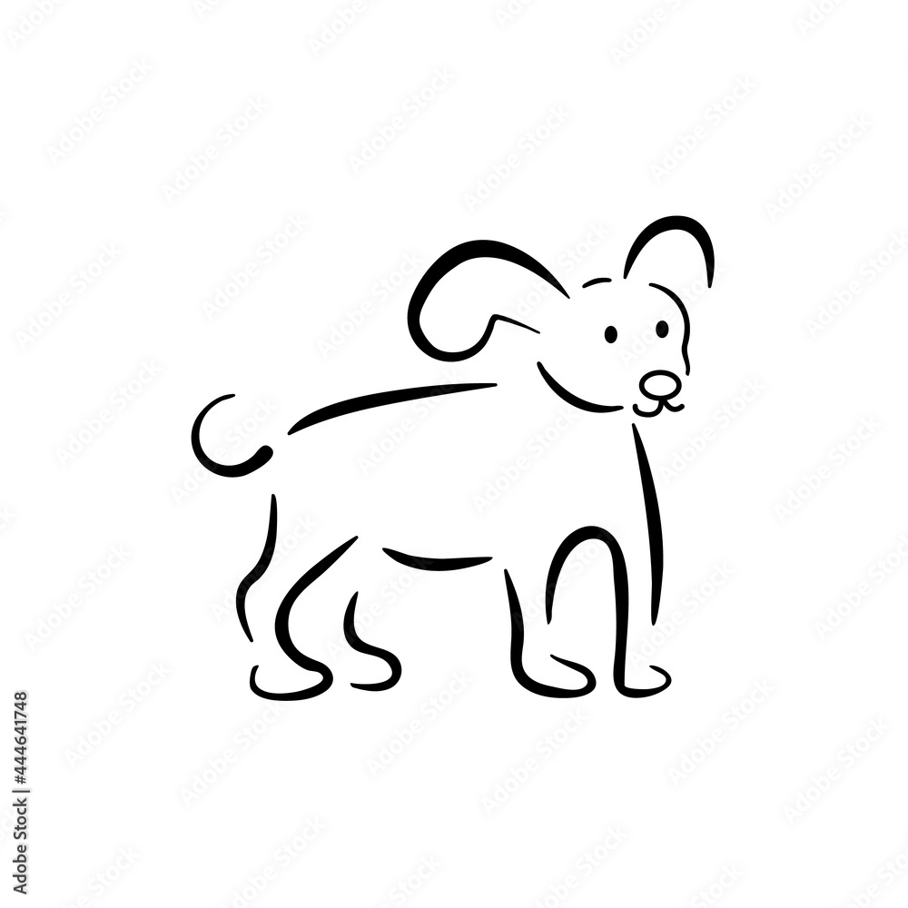 Dog linear emblem. Vector abstract animal sign. Happy dog standing full profile right side. Design template for dog school, veterinary clinic or animal shelter