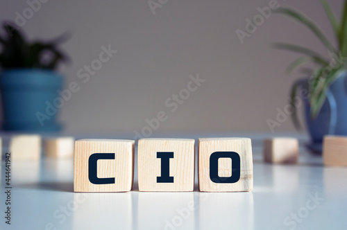 CIO written on wooden cubes - arranged in a vertical pyramid, grey and blur background, CIO - short for Chief Information Investment Officer, business concept photo