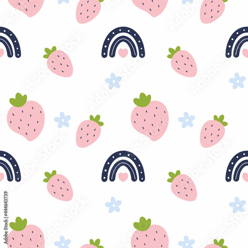 Seamless pattern with cute strawberries and  bright rainbow. Pink background for printing on fabric, textiles and packaging paper. Summer wallpaper in  girl room.