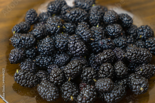 Mulberry background. Mulberry summer fruit close up drops.