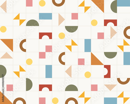 Pieces of figures are arranged on a grid of straight lines. Simple pattern design template.
